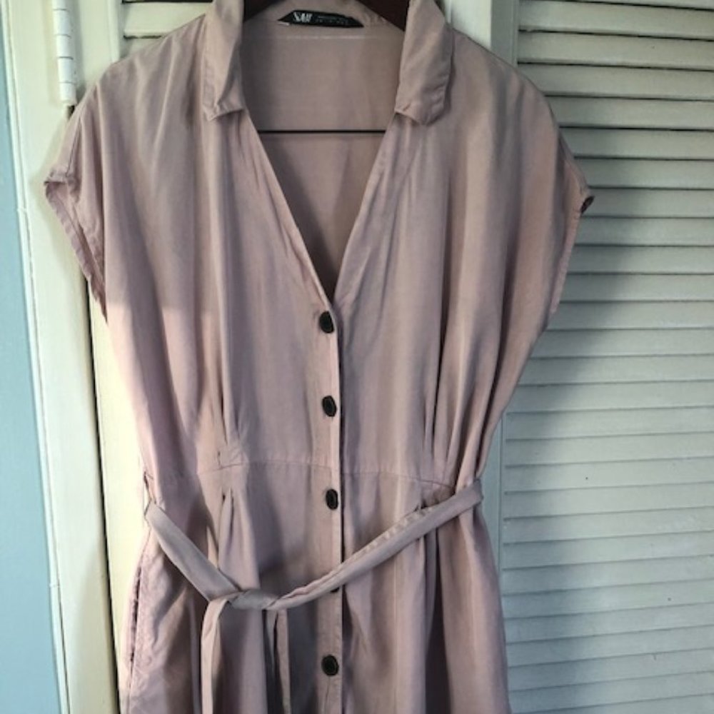 Zara Button Front Mini Dress with Tie Waist -  Light Pink -size L